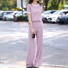 Paperments 女性丁香紫寬鬆版短袖上衣 + 長褲運動套裝 10720