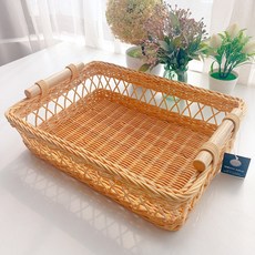 MAISONINDAHRATTANSHOP 高級藤編手柄長方形託盤 藤編籃 N038N, 米色, 1個