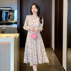 Elsso V領花朵皺褶長袖連身裙, 象牙白