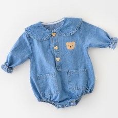 JOY MULTI 小熊印花鈕扣牛仔長袖包屁衣