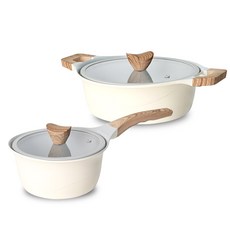 IH爐適用陶瓷鍋具 2入, 單柄湯鍋18cm+雙耳淺湯鍋24cm, 混色