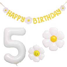 JOYPARTY 雛菊生日掛旗 + 雛菊氣球 小號 + 雛菊氣球 中號 + 鋁箔氣球 數字 5 大號 套組, 1套, 黃色(掛旗), 白色(雛菊氣球), 白色(鋁箔氣球)
