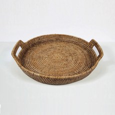 手工藤編把手圓形托盤 大, 1個, 棕色