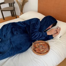 방콕 집순이 후드 오버사이즈 극세사 입는 담요, 1개, 네이비
