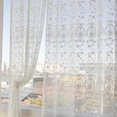 ANDCOTTON 花籃緞帶刺繡飄逸雪紡窗簾 穿桿隧道式, 白色