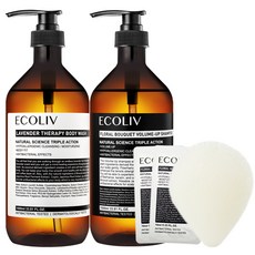 ecoliv 花香豐盈洗髮精 1000ml+薰衣草護理沐浴露 1000ml+臉部清潔海綿 白色+沐浴露隨身包 10ml 2入, 1套