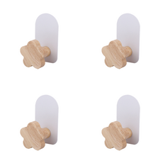 木質花朵設計黏貼式收納掛鉤, 木色, 4個