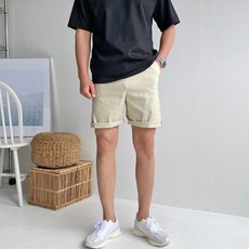 meosidda 男款透氣水洗彈性鬆緊帶亞麻五分短褲