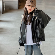 Orenjidamom 女童寬鬆針織連帽抽繩人造皮夾克