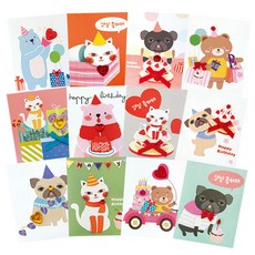from&to 動物角色生日祝福迷你卡片12入組 FT5052, 1個, 動物 多色