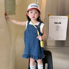 BabyMax 女童圓點吊帶丹寧荷葉邊裙