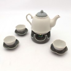 月鹽 韓國產霧面陶瓷茶壺溫茶器茶杯茶具全套組, 1套, 深灰色