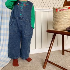 BabyMax 兒童花卉刺繡背心吊帶牛仔褲