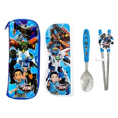 LE BARN 韓國製 兒童用 HELLO CARBOT 11 湯匙 雙手學習筷 附盒組 + 多功能拉鍊餐具盒, 混合顏色, 4種