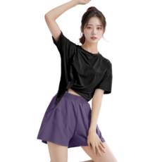 Marketpia 女款瑜伽皮拉提斯不對稱斜紋T恤口袋短褲套裝