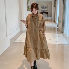 PEONIST 寬鬆版襯衫傘狀長版連身裙 含大尺碼, 棕色