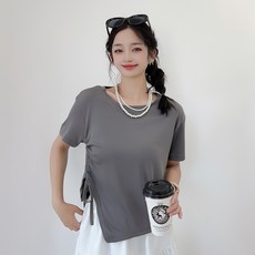 더시럽 여성용 리앙 사이드 셔링 스트랩 크롭 반팔 탑