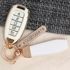 GMZ MOTORS 適用現代5鍵 Palisade Santa Fe CN7 高級TPU鑰匙圈 鑰匙殼 電話號碼環 皮革掛繩 禮品盒套組, AH-02, 奶油白