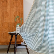 G&Y 基本款格紋圖案流蘇窗簾, 天空藍