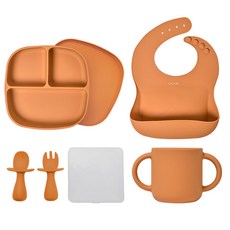 LALABY 矽膠餐具4入組, 黃色, 圍兜+湯匙+叉子+矽膠杯子+防滑餐盤