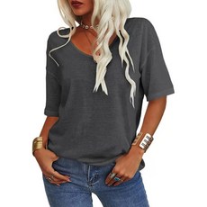 엘쏘 여성용 심플 루즈핏 브이넥 반팔 티셔츠