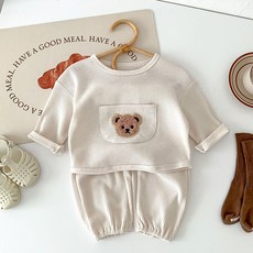 JOYMULTI 嬰幼兒 Kkomi 口袋鬆餅格紋長袖T恤 + 長褲套裝