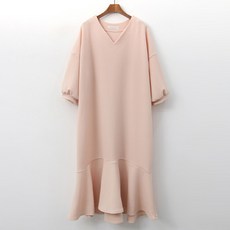 TEETAK 女款7分大尺碼泡泡袖魚尾連身裙, 淺褐色