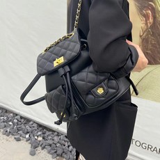 ViVEMO 女性花朵菱格絎縫雙口袋鏈條後背包 10501, 黑色