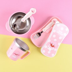 LILFANT KAKAO FRIENDS 卡通圖案不鏽鋼餐具組, Apeach款, 湯匙+叉子+不鏽鋼杯子+不鏽鋼碗+餐具盒