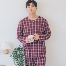 cielstory 男性用蜜桃絨時尚格紋圓領睡衣上衣褲子套組