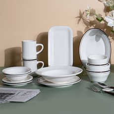 Syracuse CHINA 紐約 2人韓式餐具組 14p, 飯碗 2p + 湯碗 2p + 15cm 邊盤 2p + 16cm 盤子 2p + 23cm 盤子 + 義大利麵碗 + 橢圓碗 + 長方形盤 + 馬克杯 400ml x 2p, 白色, 可樂棕, 1套