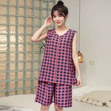 女款格紋人造絲無袖睡衣上下套裝