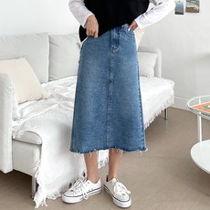 jalbba jean 後鬆緊帶下擺剪裁透氣長版牛仔裙