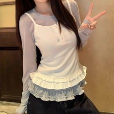 I'M MONG 女款修身亨利領荷葉邊無袖上衣 + 內搭T恤套組 R6S118