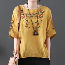 퀸이즈 여성용 통기성 자수 포인트 린넨 반팔 티셔츠