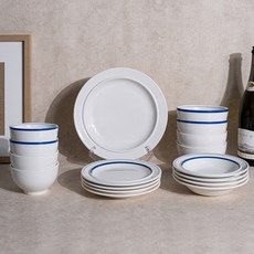 Syracuse CHINA 楓葉 4人基本餐具組 17p, 白色 + 線條藍, 餐具5種, 1套