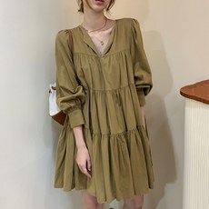 PEONIST 氣球袖層次蛋糕迷你連身裙, 卡其色