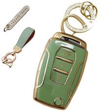 LULU兄弟 雙龍汽車相容 TPU 鑰匙殼+號碼鑰匙圈+皮革掛繩, 橄欖綠, AY-02