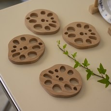 蓮藕筷架茶杯墊 4入, 木質, 1套