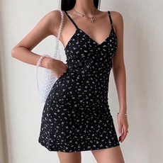 라라티나 여성용 스테온 플라워 끈 나시 미니 원피스