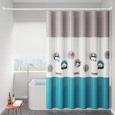 Atihome 熊貓雙色浴室浴簾 + 窗簾環組, 海洋藍, 1套