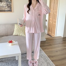 안나앤코 여성용 포켓 오렌지 레터링 긴팔 잠옷 파자마 상하의 세트