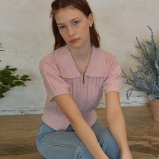 rolarola 女款翻領雙拉鍊麻花短袖開襟針織衫