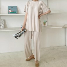 OKI 女款短袖褶皺T恤+褶皺寬褲套裝