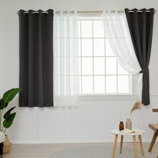 CARDECO Dimanche 遮光窗簾 2p + Coco 格紋蕾絲窗簾 2p + 窗簾綁帶 4p 組, 深灰色