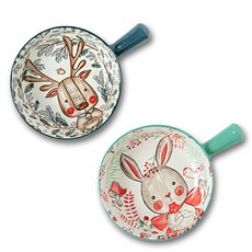 TEAOZ 單柄動物圖案焗烤陶瓷碗組 TZ42 2入, 藍色+薄荷綠, 1組