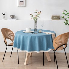 lovinglab 瑪麗復古蕾絲圓形防水餐桌桌布, 180cm, 藍色