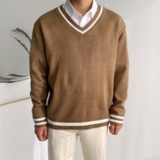 머시따 남성용 두줄 브이넥 배색 니트