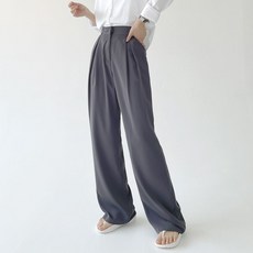Planday 女款涼感布料後鬆緊帶高腰壓褶寬管西裝褲 中等長度