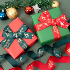 Good given 聖誕金色魯道夫緞帶 25mm 2款套組, 綠色, 紅色, 1套, 9m